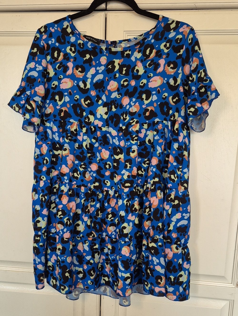 Blue Leopard Print Tiered Short Sleeve Top